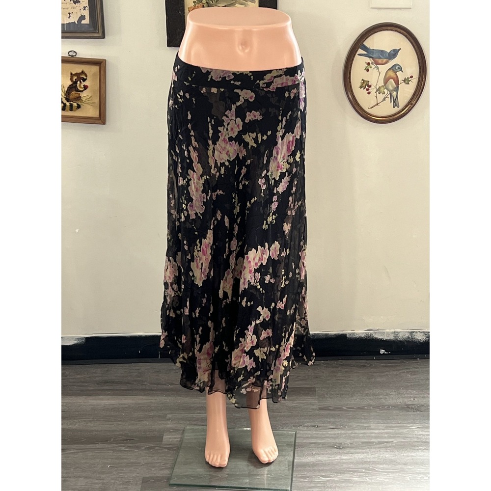 Ralph Lauren Collection Black Pink Floral Silk Chiffon Long Maxi Skirt Size 6